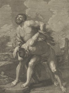 Hercules iført løveskind og kæmper mod Achelous, et landskab i baggrunden, ..., ca. 1713-72. af Robert Hecquet