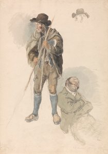 Figurstudier: En landarbejder, hr. Samuel, tegnemesteren, der læner sig tilbage og døser, og en lille skitse af en mand i hat af Robert Hills