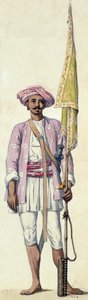 Indisk soldat (raketmand) fra Tipu Sultans hær, der bruger sin raket som flagstang, Madras
