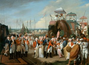 Modtagelsen af de mysoreiske gidselprinser af generalløjtnant Lord Cornwallis (1738-1805) ca. 1793