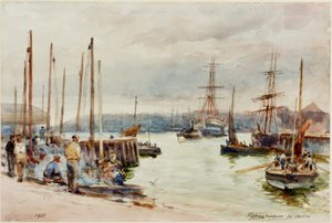 Fiskerihavn, North Shields (blyant og akvarel på papir)