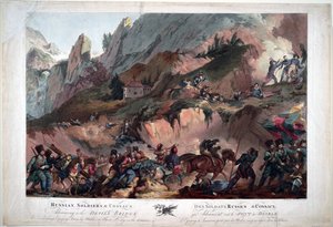 I 1799 kæmpede Napoleons tropper på Djævlebroen mod russerne under kommando af general Souvarov - Russisk hær krydser Djævelens bro i 1799 - Porter, Robert Carr (1777-1842) - 1804 - Akvatinte - 63x91,3 -Privat samling