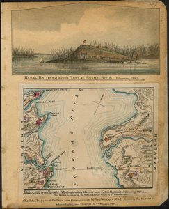 Blokade af Potomac. Kort, der viser Unionens og oprørernes batterier i januar 1862. Oprørerne evakuerede alle deres batterier natten til 4. marts 1862. LOC gvhs01.vhs00066 af Robert Knox Sneden