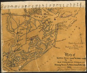 Kort over Morris, Folly, Coles og James Island(s) etc., og Charleston Harbor S.C. med angivelse af Unionens og oprørernes forter og batterier, 1864. LOC gvhs01.vhs00184 af Robert Knox Sneden