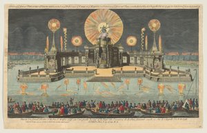 A View of ye Grand Theatre & Fireworks opsat på vandet nær ye Court i Haag den O..., 1794.
