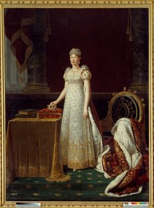 Portræt af impress Marie Louise af Østrig (Marie-Louise) (1791-1847), hustru til Napoleon I, repræsenteret Regente of the Empire og iført et Chaumet diamantsæt doneret af Napoleon i 1812 - Bag hende, en lænestol i Empire-stil dekoreret Napoleons "N"