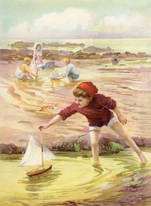 Hans nye båd - dreng leger med legetøjsbåd på stranden (farve litho) af Robert Lillie