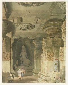 Interiør af Indra Subbas huletempel i Ellora, fra bind II af Scenery, Costumes and Architecture of India, tegnet af David Roberts (1796-1864) ætset af Thomas Kearnan (fl.1821-50) og graveret