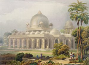 Rozaen i Mehmoodabad i Guzerat, eller Sultan Mehmoods vesirs grav, fra bind II af Scenery, Costumes and Architecture of India, ætset af John Willis (fl.1826-52) og indgraveret af Charles B