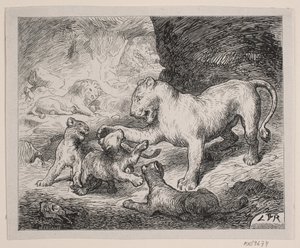 Løveungerne. Illustration til Chr. Winthers "Billedbog for Store og Smaa" af Robert Neergaard