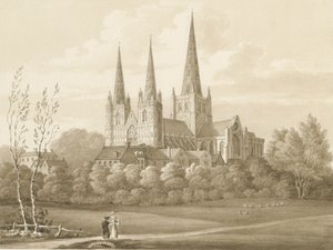 Lichfield Cathedral - West South West View: sepia tegning