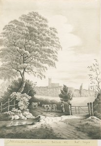 Wolverhampton - Distant view from Dunstall Lane: sepia wash drawing, 1837dani af Robert Noyes