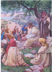 Jesus lærer sine disciple at bede, fra Bibelens billedbog udgivet af Thomas Nelson, ca. 1950