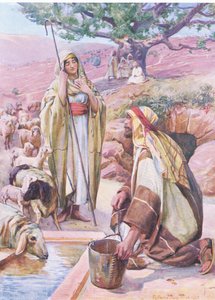 Rakel ved brønden, fra The Bible Picture Book udgivet af Thomas Nelson, ca.1950