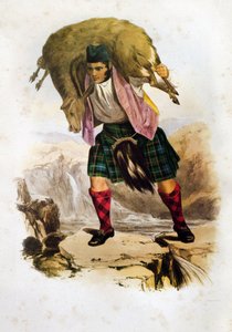 En skotsk klankriger Mac Rae med et får på skuldrene - Robert Ronald McIans litografi fra "The Clans of The Scottish Highlands"" 1845 af Robert Ronald McIan