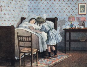 En lille pige ved sengen af sin syge mor venter på sin krig. Illustration af Robert Salles (1871-1929) i "" Je sais Lire"". af Robert Salles