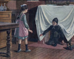 En ung skorsten dækket af sod efterlader skorstenen dækket af en plade. Han skræmmer en lille pige, der tror, han er djævelen. Illustration af Robert Salles (1871-1929) i "" Je sais Lire"".