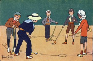 Bold efter timer (færdighedsspil med bolde og klubber). Indgravering i "" Hvad spiller vi? “” af E. Weber med akvareltegninger af Robert Salles (1871-1929). Librairie Garnier Freres, Paris af Robert Salles
