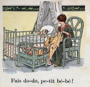 Børnebog "" Jeg vil læse - Metodisk og sjovt alfabet af en far""" 1926. Illustration af Robert Salles (1871-1929). "" Sov, baby baby! "". En mor syr på sit barns værelse og venter på, at hendes baby skal sove. af Robert Salles