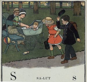 Børnebog "" Jeg vil læse - Metodisk og sjovt alfabet af en far""" 1926. Illustration af Robert Salles (1871-1929). Abecedary: bogstavet S som Salut. En dreng hilser på et par og deres baby ved at løfte sin kasket. af Robert Salles