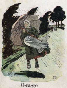 Børnebog "" Jeg vil læse - Metodisk og sjovt alfabet af en far""" 1926. Illustration af Robert Salles (1871-1929). "" Storm"": en kvinde i regnskjulerne med sin paraply. af Robert Salles