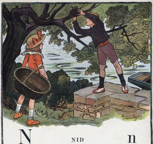 Børnebog "" Jeg vil læse - Metodisk og sjovt alfabet af en far""" 1926. Illustration af Robert Salles (1871-1929). Abecedary: bogstavet N som Nest. En dreng tager en rede bygget på et træ. af Robert Salles
