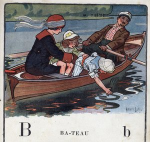 Børnebog "" Jeg vil læse - Metodisk og sjovt alfabet af en far""" 1926. Illustration af Robert Salles (1871-1929). Abecedaire: bogstav B som båd. En familie i en båd går en tur. af Robert Salles