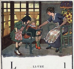 Børnebog "" Jeg vil læse - Metodisk og sjovt alfabet af en far""" 1926. Illustration af Robert Salles (1871-1929). Abecedary: bogstav L som Bog. En mor lærer sin datter at læse. af Robert Salles