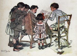 Børnebog "" Jeg vil læse - Metodisk og sjovt alfabet af en far""" 1926. Illustration af Robert Salles (1871-1929). En familiefar lærer børn at læse. af Robert Salles