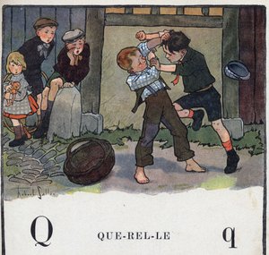 Børnebog "" Jeg vil læse - Metodisk og sjovt alfabet af en far""" 1926. Illustration af Robert Salles (1871-1929). Abecedaire: bogstav Q som Querelle. To drenge slås i gården.