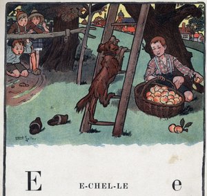Børnebog "" Jeg vil læse - Metodisk og sjovt alfabet af en far""" 1926. Illustration af Robert Salles (1871-1929). Abecedary: bogstavet E som skala. En hund klatrer til stigen poserer mod et æbletræ. af Robert Salles