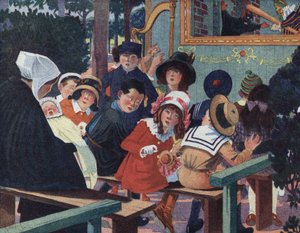 Dukketeater: Børn i guignol-teatret bliver forvirrede af en grædende baby. Illustration af Robert Salles (1871-1929) i "" Je sais Lire"".
