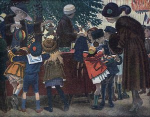 Juletræet fra Alsace fra Lorraine: børn fra Alsace og Lorraine (Alsace-Lorraine) kommer for at hente deres gaver omkring juletræet, der tilbydes byen. Illustration af Robert Salles (1871-1929) i "" Je sais Lire"".