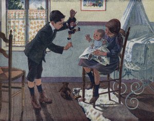 Uddannelsen af lillebror: i et værelse ser en baby, der sidder på sin storesøsters skød, på dukken, som hans bror vågner. Illustration af Robert Salles (1871-1929) i "" Je sais Lire"".