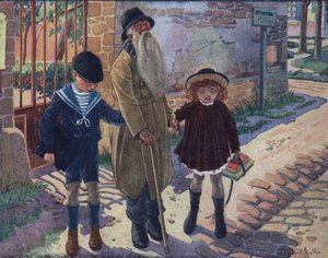 De blindes pind: to børn hjælper en blind gammel mand med at gå. Illustration af Robert Salles (1871-1929) i "" Je sais Lire"".