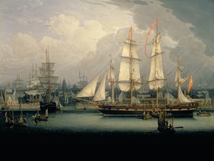 Firmastet klipperskib i Liverpools havn, ca.1810