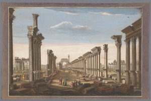 Udsigt over ruinerne af søjlegangens bue ved Palmyra, set fra vestsiden Resterne af det store tempel i Palmira set fra vest (titel på objektet)