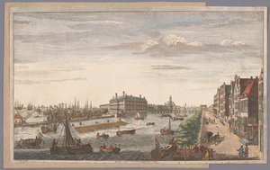 Oversigt over Admiraliteitsmagazijn i Amsterdam En udsigt over admiralitetet i Amsterdam, af de dertil hørende butikshuse, kajer og kajer og til det østindiske kompagni af Holland (titel på objektet)
