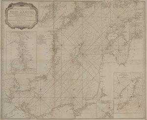 Et nyt og nøjagtigt kort over Østersøen eller Østhavet, der viser øer, klipper og grunde med deres mærker, fyrtårne, pejlinger og sejlrender. af Robert Sayer