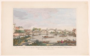 Udsigt over Hampton Court Bridge over Themsen mellem Hampton og East Molesey En ny bro over Themsen ved Hampton Court (titel på objekt) af Robert Sayer