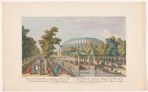 Udsigt over Rotunden og den kinesiske pavillon på kanalen i Londons Ranelagh Gardens med et maskeradebal Udsigt over kanalen, kinesisk bygning, Rotundo osv. ved Ranelagh Gardens, med maskeraden (titel på objektet) Ranelagh Gardens og Vauxhall G