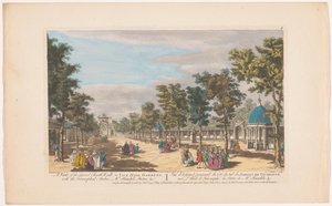 Udsigt over en allé med en triumfbue i Vauxhall Gardens i London Udsigt over den store sydlige gåtur ved Vauxhall Gardens. Med triumfbuerne, Mr. Händels statue, &c (titel på objekt) Ranelagh Gardens og Vauxhall Gardens (serietitel)