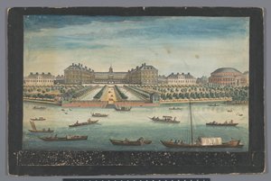 Udsigt over Royal Hospital Chelsea og Rotunda i Ranelagh Gardens i London En udsigt over Royal Hospital i Chelsea & Rotunda i Ranelaigh Gardens (titel på objekt) London (serietitel) af Robert Sayer