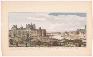 Udsigt over rådhuset og floden Seinen i Paris Udsigt over byhuset eller laugshallen i Paris (...) (titel på objektet) Paris (serietitel) af Robert Sayer