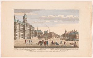 Udsigt over rådhuset i Amsterdam med brandmænd på Dam-pladsen Udsigt over Stadshuset og motorerne til brandslukning i Amsterdam (titel på objektet) Holland (serietitel) af Robert Sayer