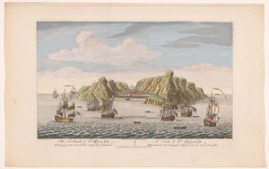 Udsigt over øen Saint Helena Øen St Helen. Tilhører East India Company of England (titel på objekt) Afviklinger af VOC (serietitel) af Robert Sayer
