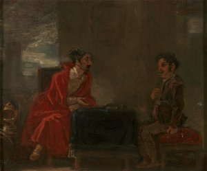 Illustration til Don Quixote, to figurer ved et bord af Robert Smirke