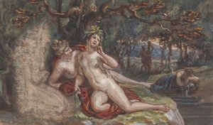 Skovklædt scene med et par liggende under et træ ved en strøm af Robert Smirke