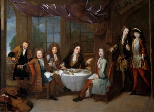 Skinke morgenmad. Mænd fra adelen deler en pålægsmiddag. Maleri af Robert Levrac Tournieres (1667-1752)