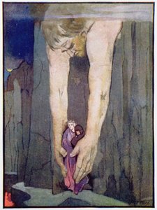 Antaeus sætter Virgil og Dante ned i Helvedes sidste cirkel, ca. 1910 (farve litho)